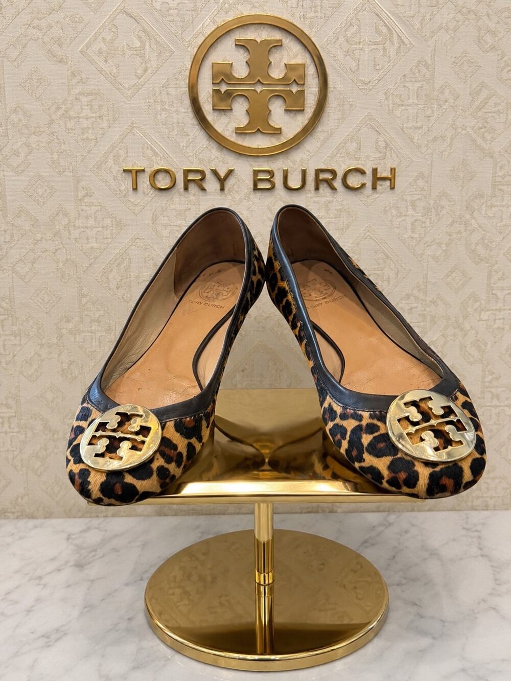 Tory Burch Reva Leopard Calf Hair Gold Logo Ballet Flats 8.5